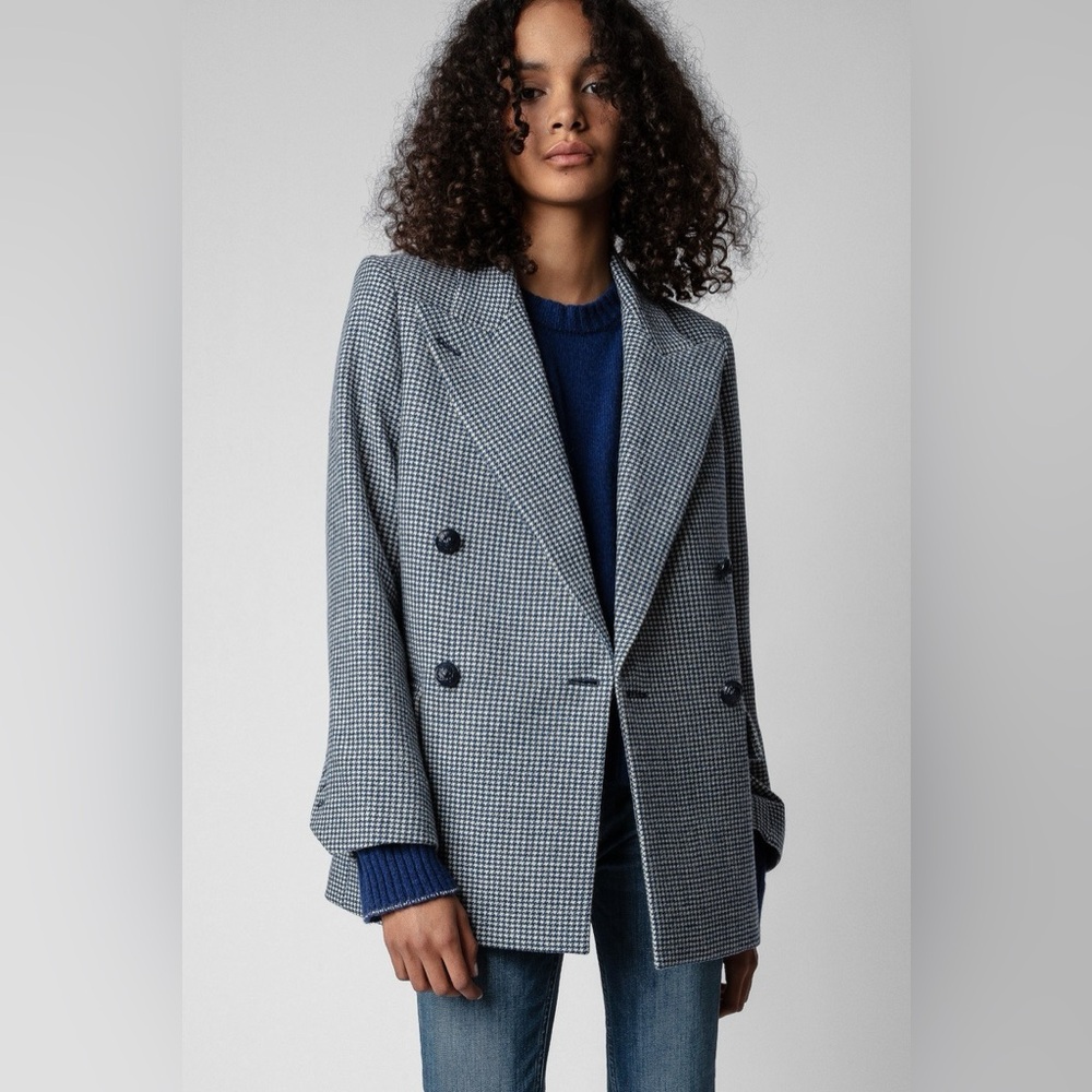 ZADIG & VOLTAIRE View Check Blazer Blue Cream Houndstooth Jacket Size 42